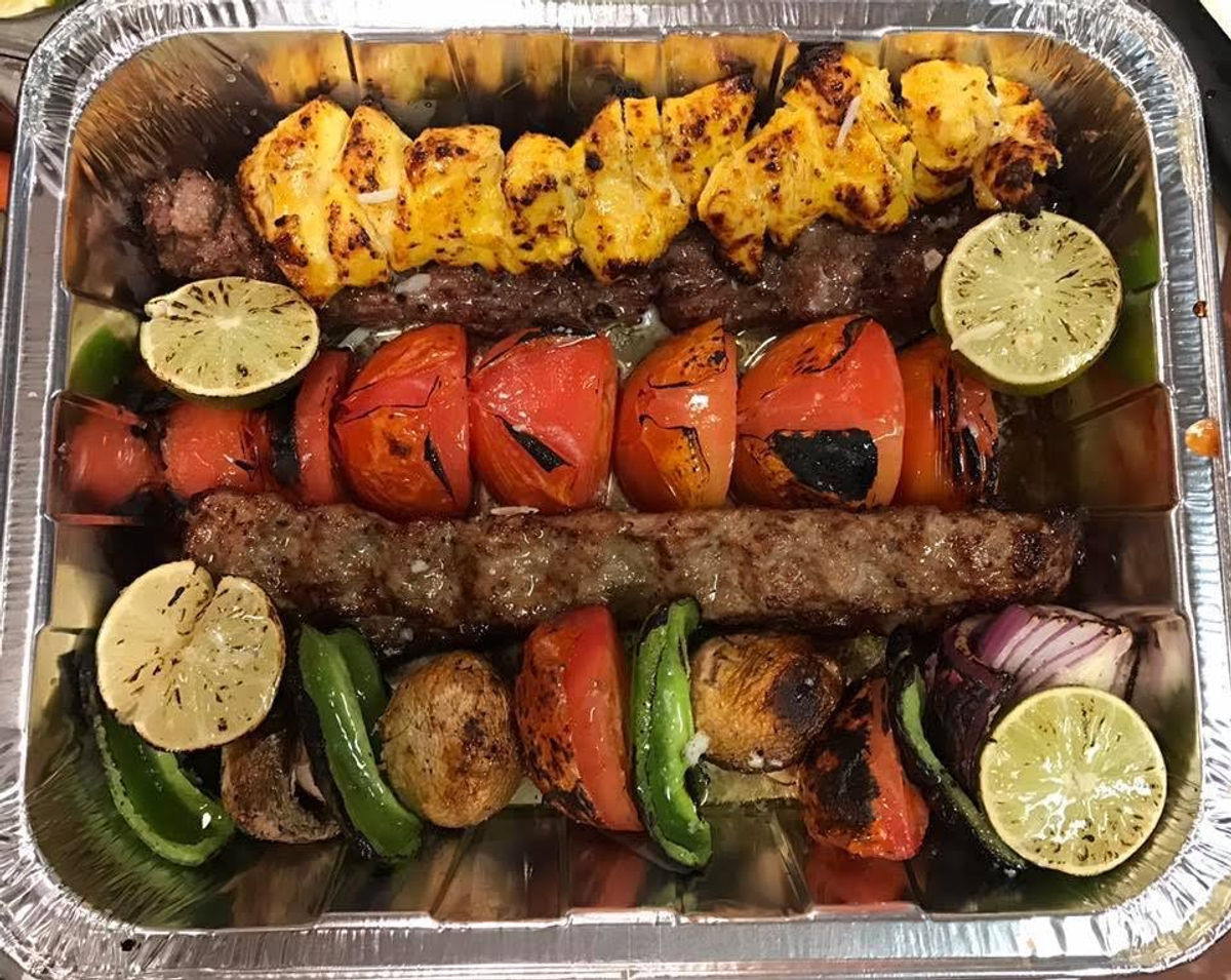 Catering tray with kabob skewers