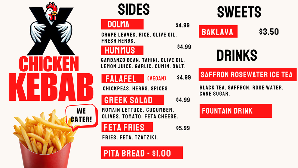 X Chicken sides, sweets, and drinks menu
